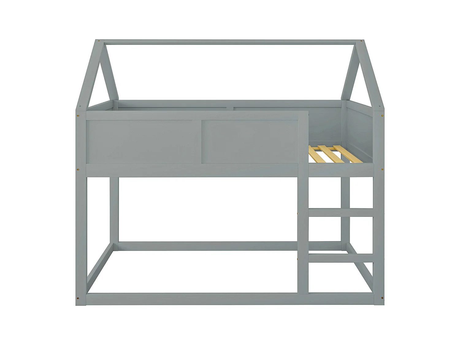 Litera infantil de 90x200 cm, cama individual baja, cama alta con escalera, estructura de madera maciza, color gris.