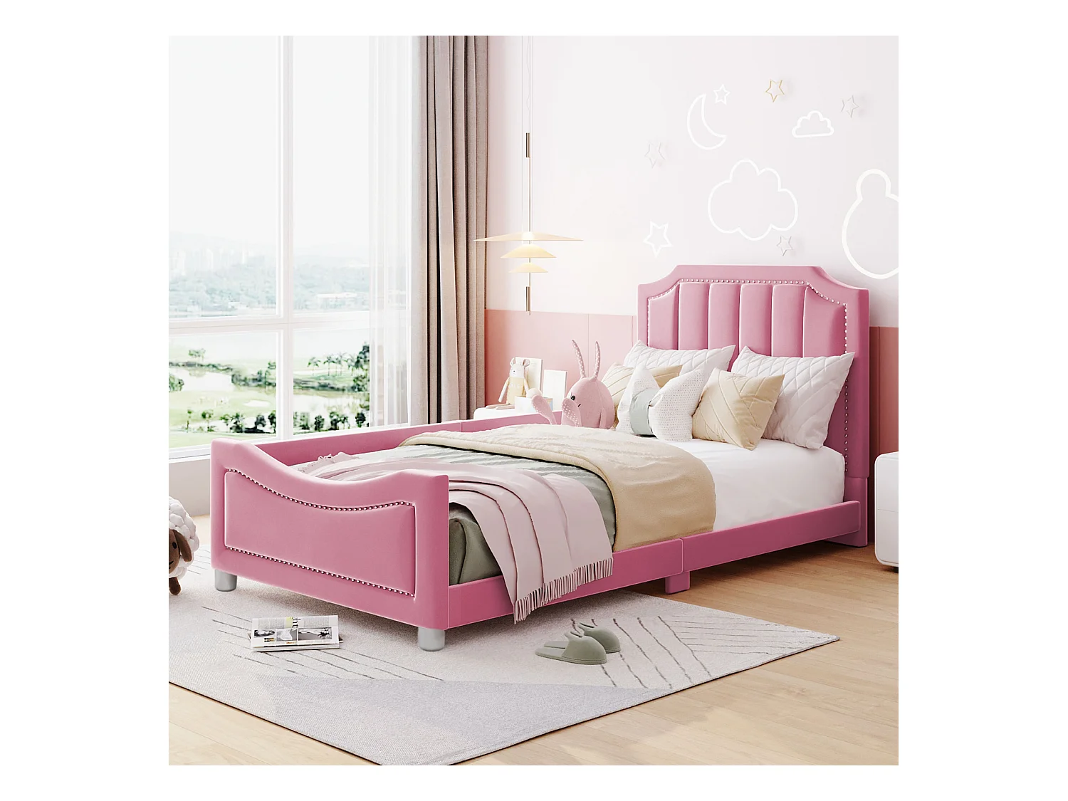Lit enfant rembourré 90x200 cm canapé-lit multifonction en flanelle rose avec dossier et accoudoirs, lit parent-enfant, lit d’appoint, lit junior