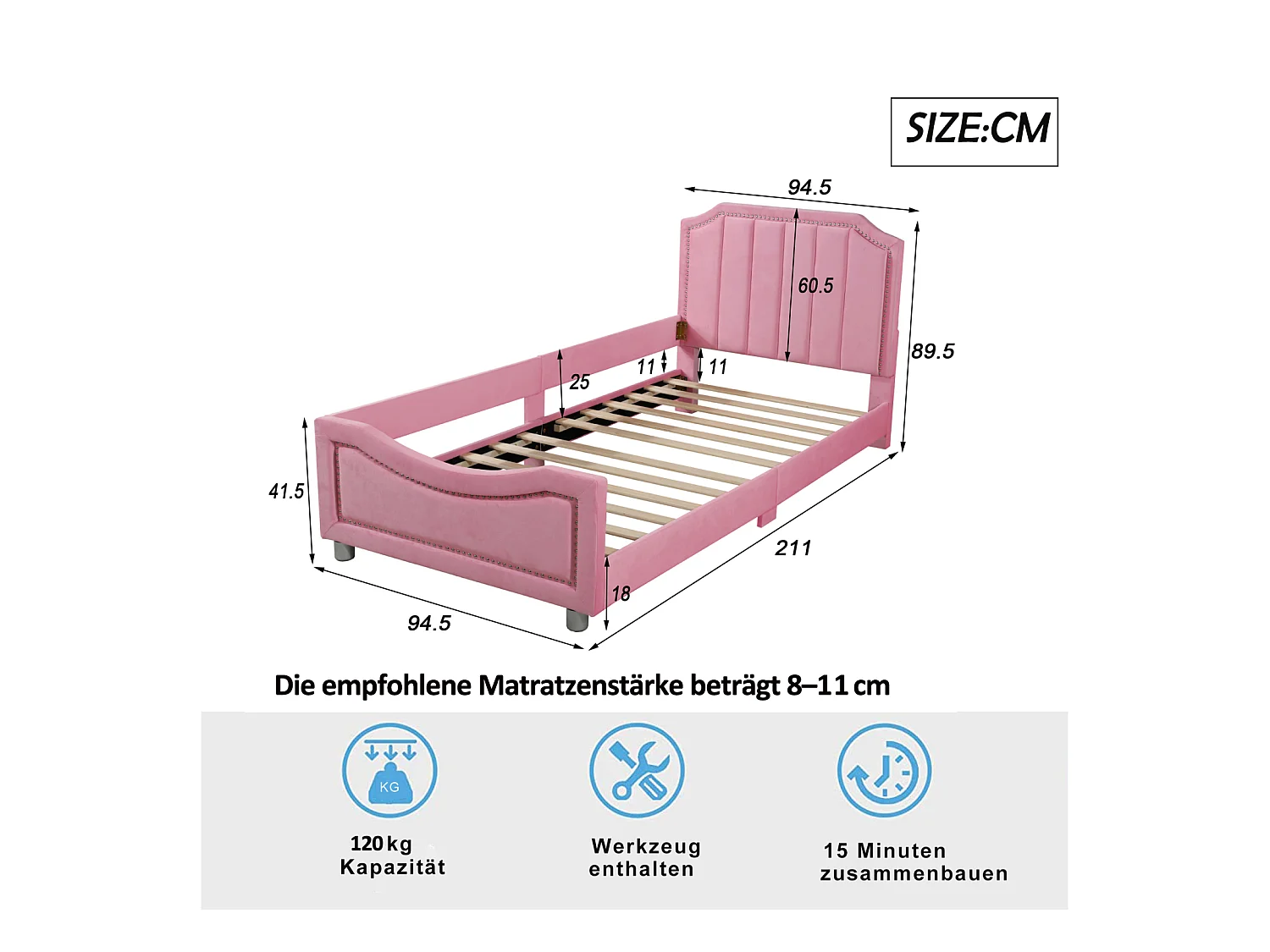 Cama infantil tapizada 90x200 cm sofá cama multifuncional en franela rosa con respaldo y reposabrazos, cama para padres e hijos, cama de invitados, cama junior