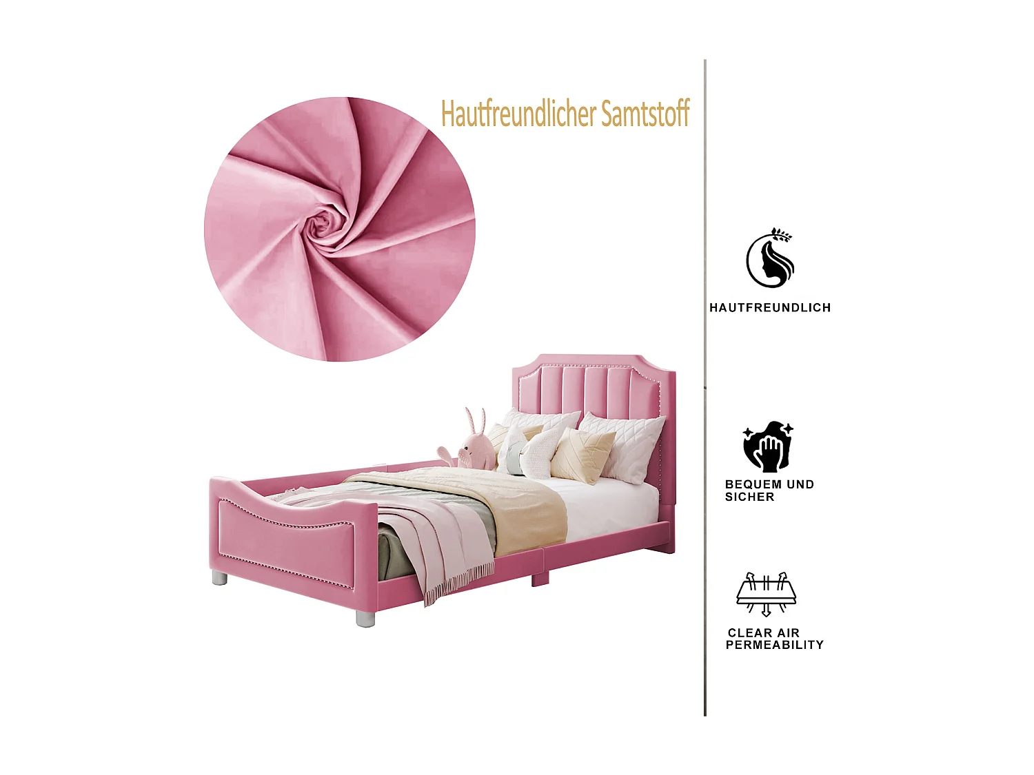 Gestoffeerd kinderbed 90x200 cm multifunctionele slaapbank in roze flanel met rugleuning en armleuningen, ouder-kindbed, logeerbed, juniorbed