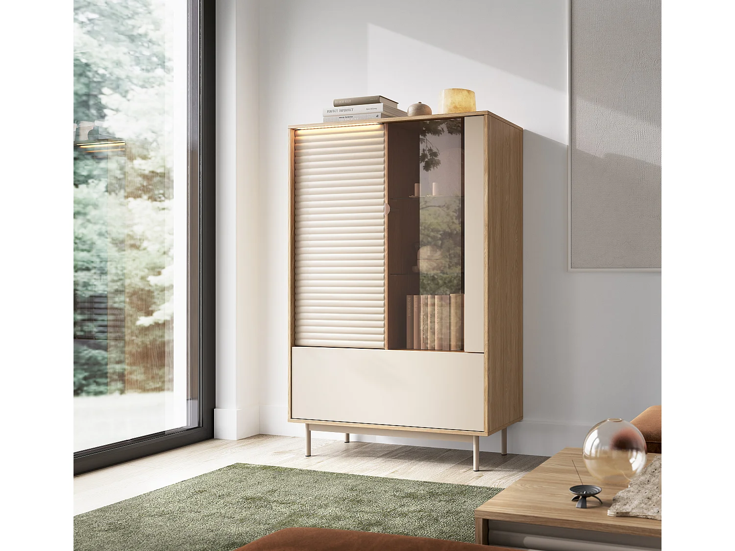 MINIO go for it, Vitrine LITA 1 avec éclairage LED, chêne huilé/cachemire