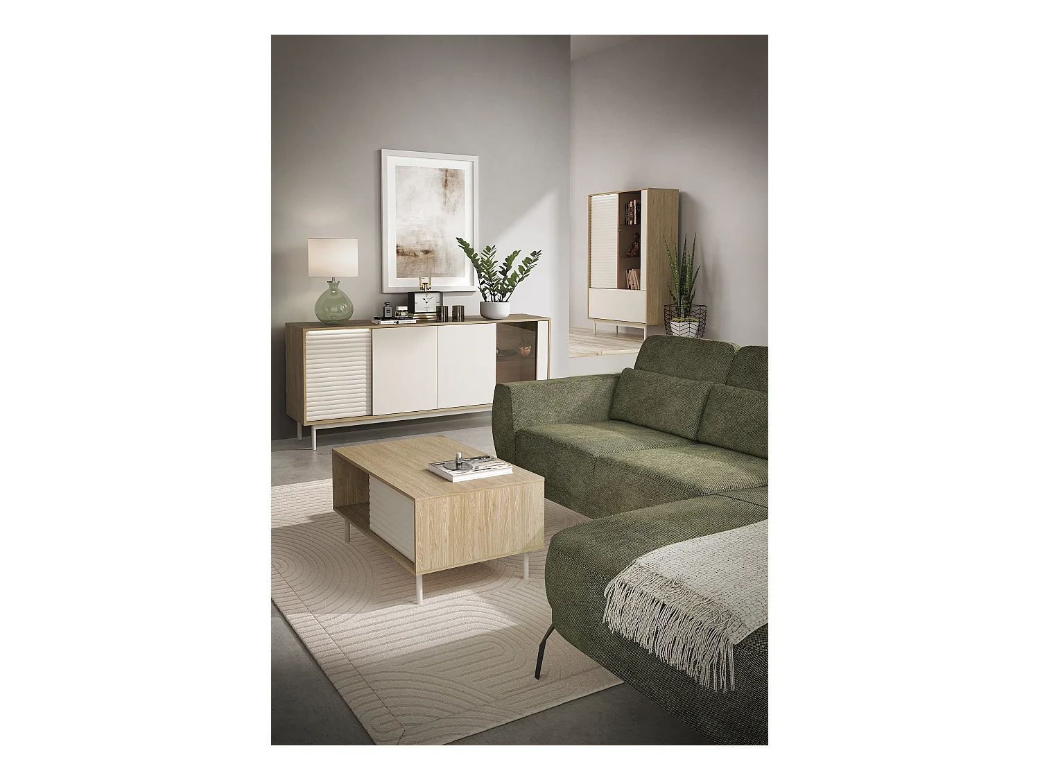 MINIO go for it, commode LITA 2 avec vitrage, éclairage LED, chêne huilé/cachemire