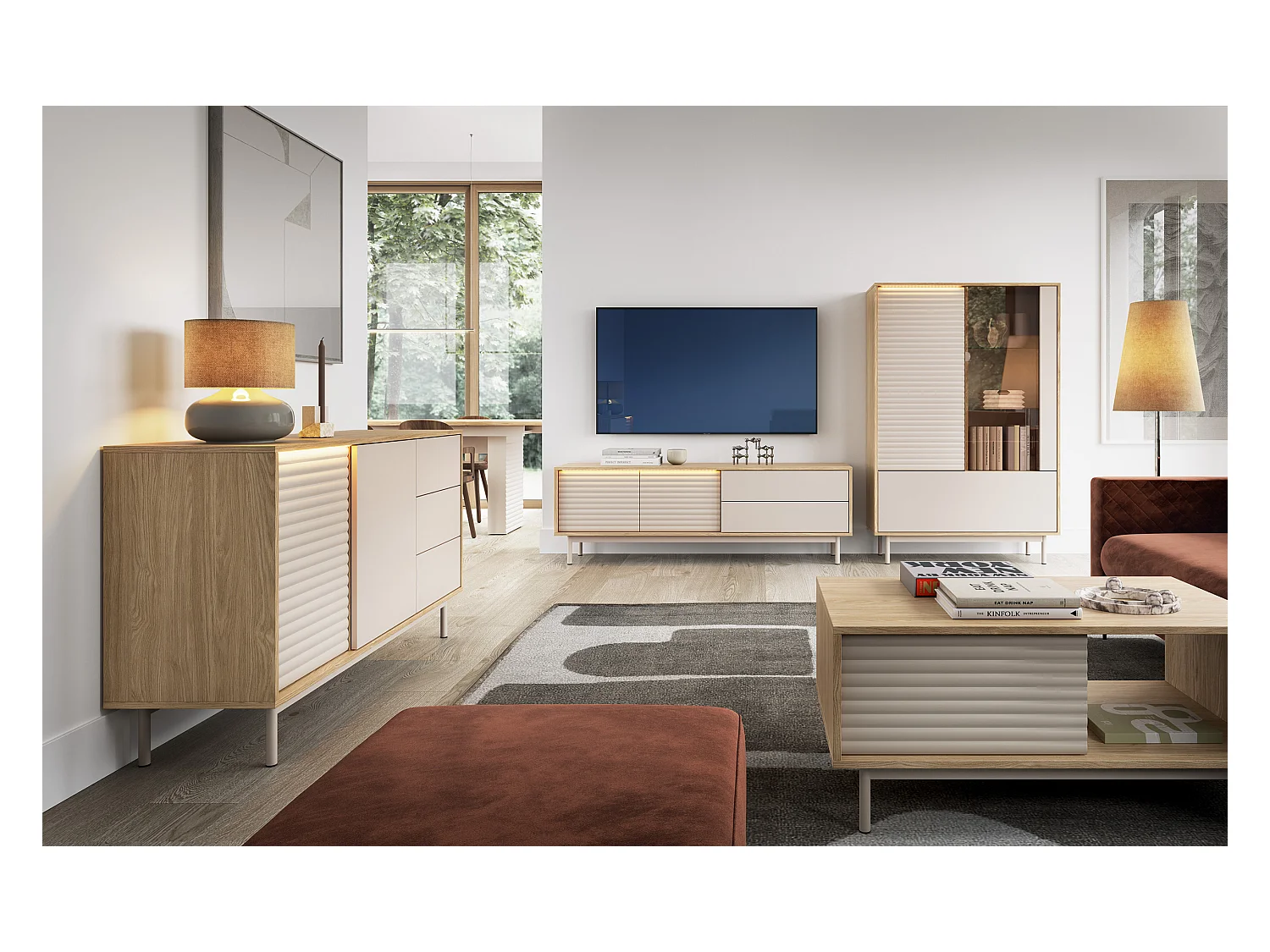 MINIO go for it, commode LITA 2 avec vitrage, éclairage LED, chêne huilé/cachemire