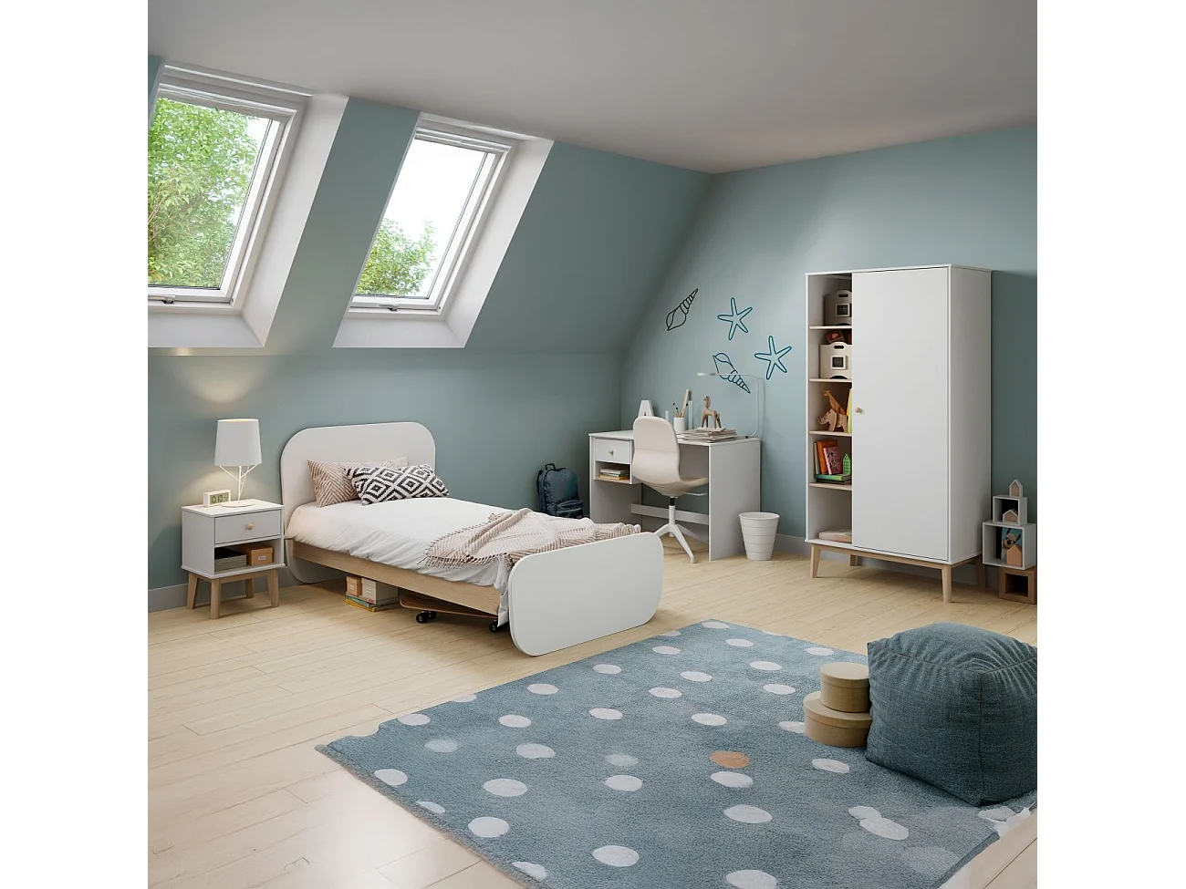 Mesita de noche juvenil Misty Breeze Blanco - Oak Soft