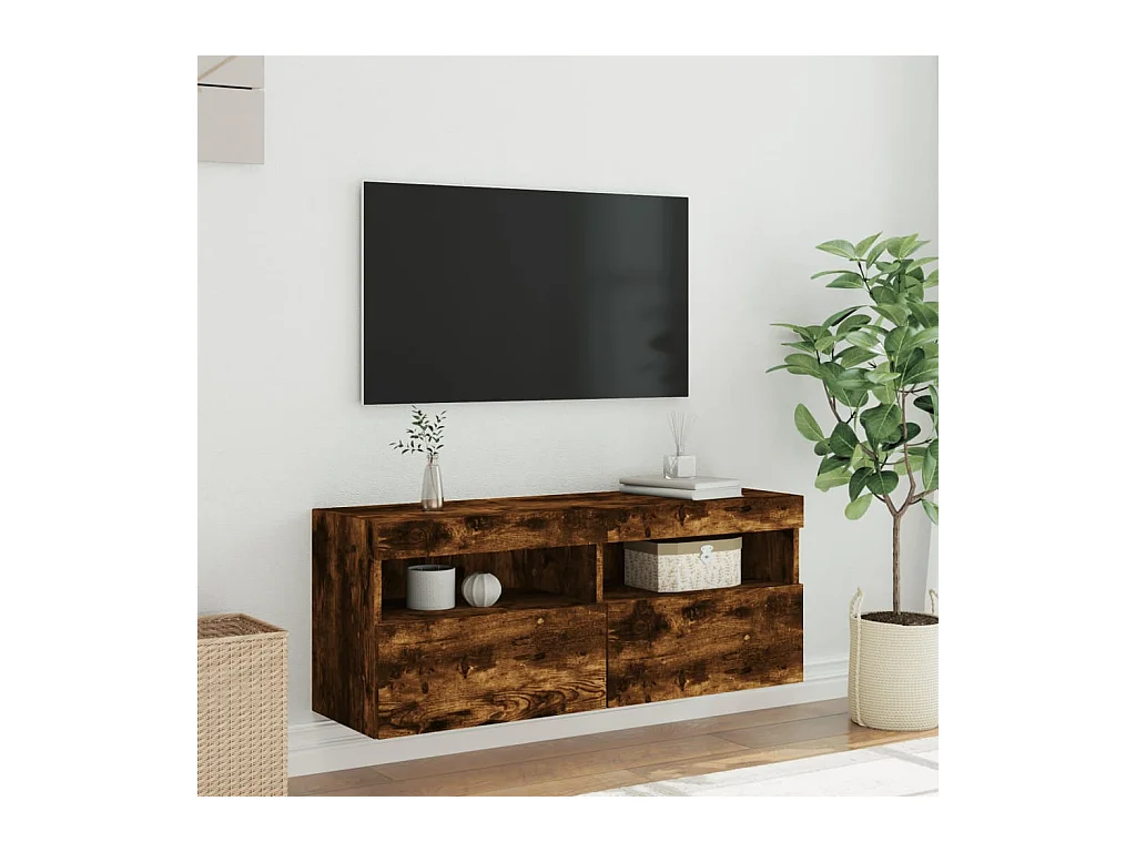 Ølstykke  Mueble de TV de pared con luces LED roble ahumado 100x30x40 cm