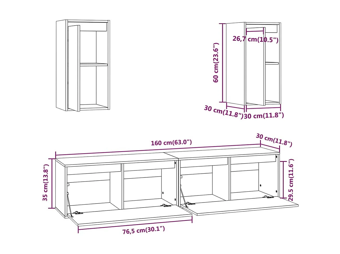 Dirkin  Muebles para TV 4 piezas madera maciza de pino blanco