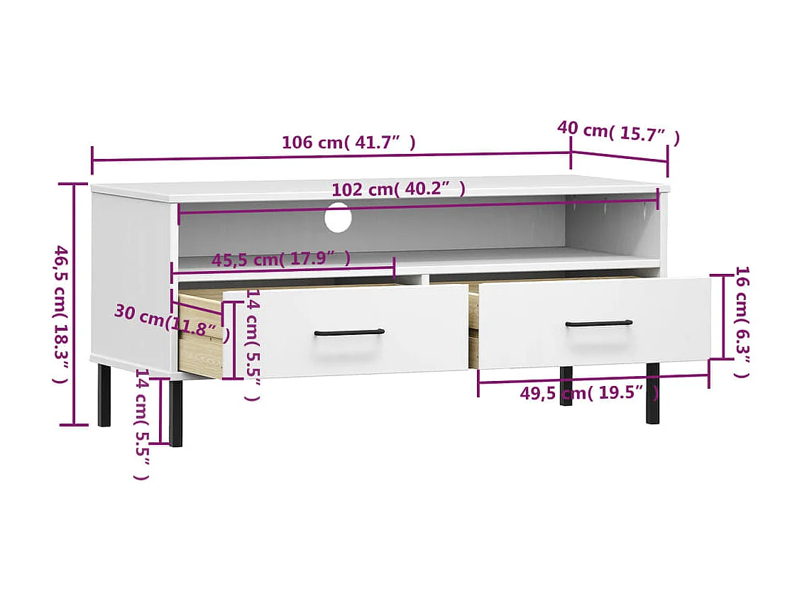 Rilynna  Meuble TV avec pieds en métal Blanc Bois de pin massif OSLO
