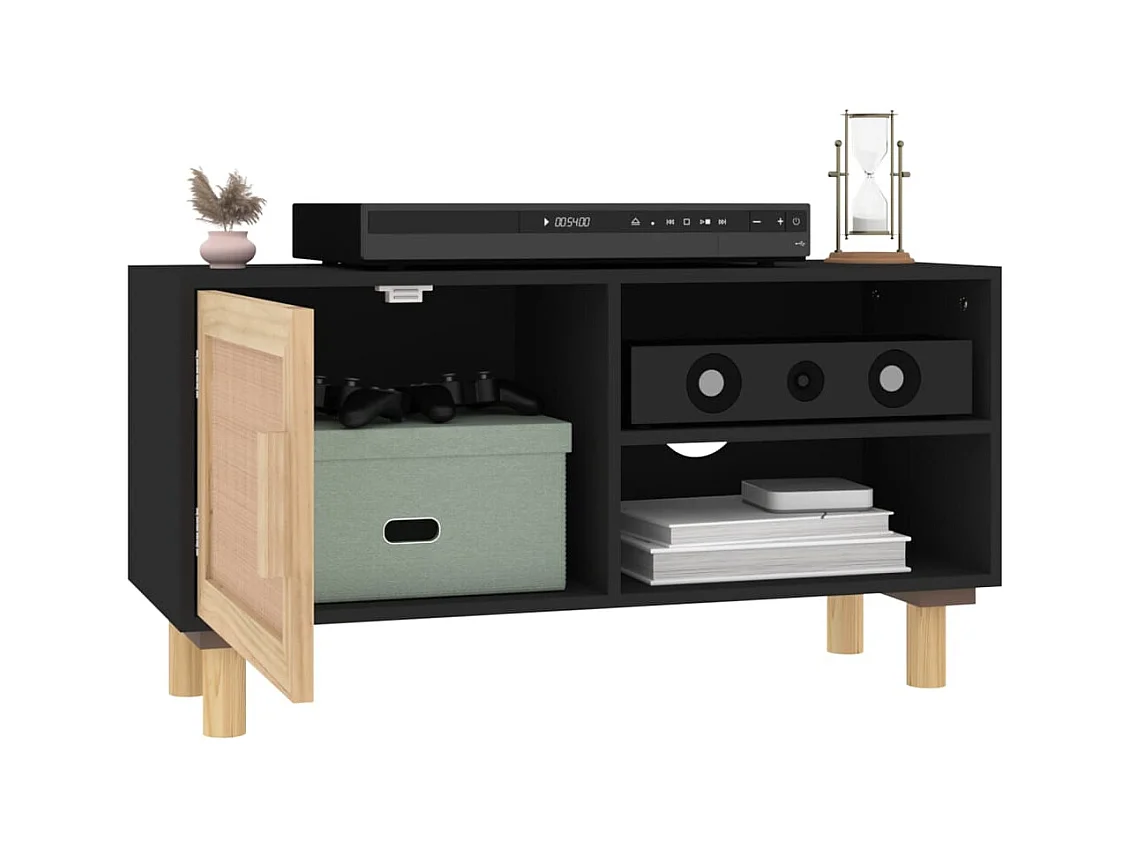 Claire-Adrienne  Tv-meubel 80x30x40 cm massief grenenhout en rattan zwart
