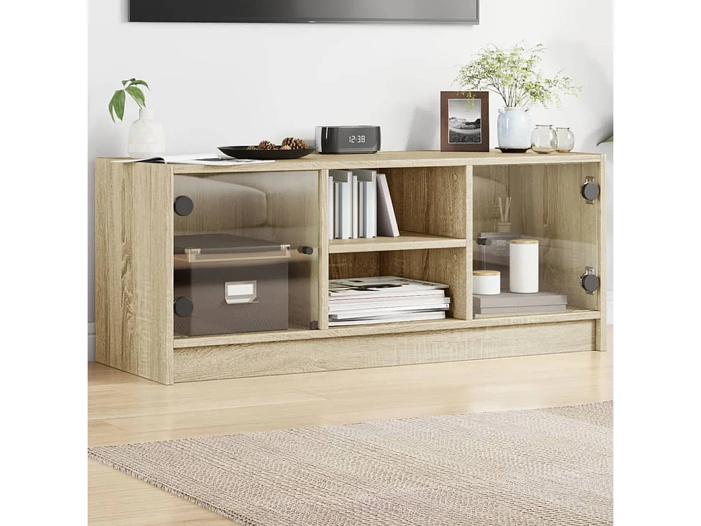 Fyrdir  Meuble TV avec portes en verre chêne sonoma 102x37x42 cm