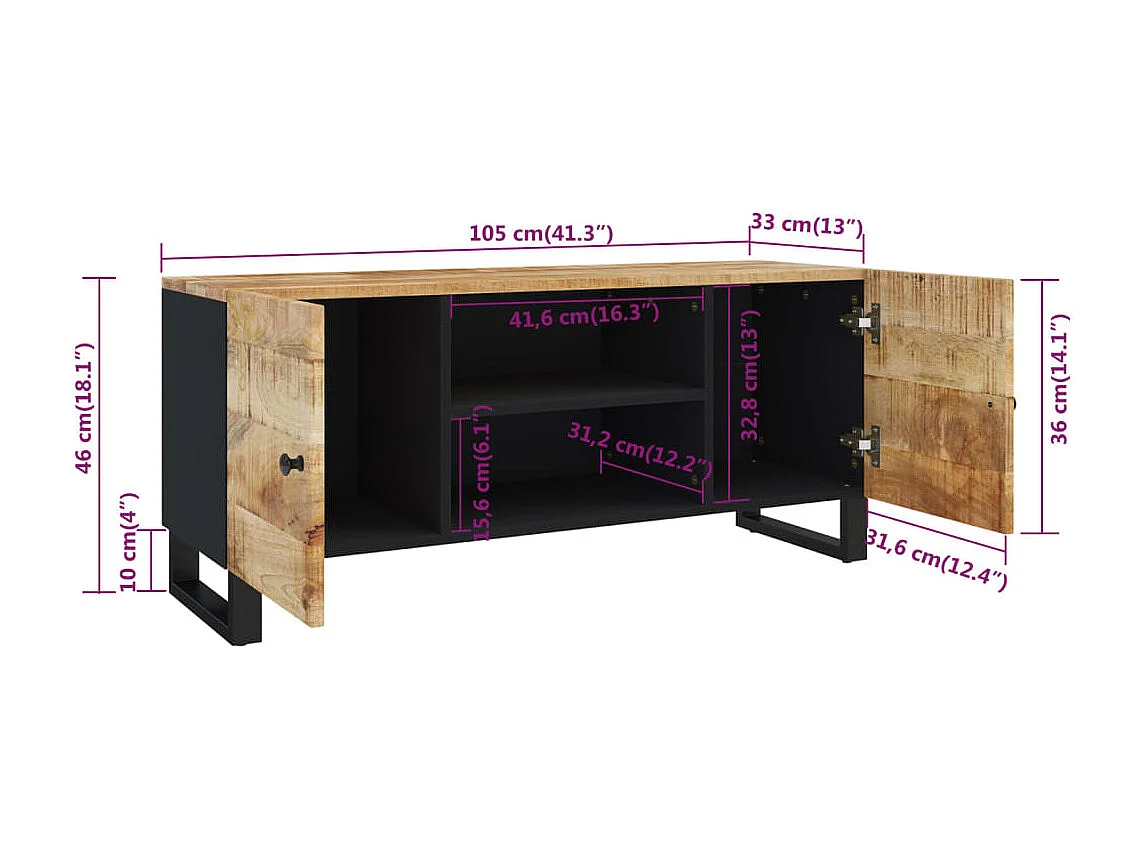 Grimdun  Meuble TV 105x33x46 cm Bois massif de manguier