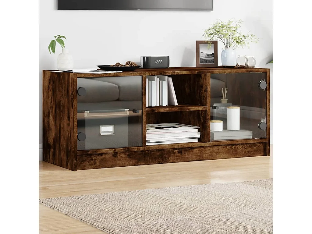 Fyrdir  Mueble de TV con puertas de vidrio roble ahumado 102x37x42 cm