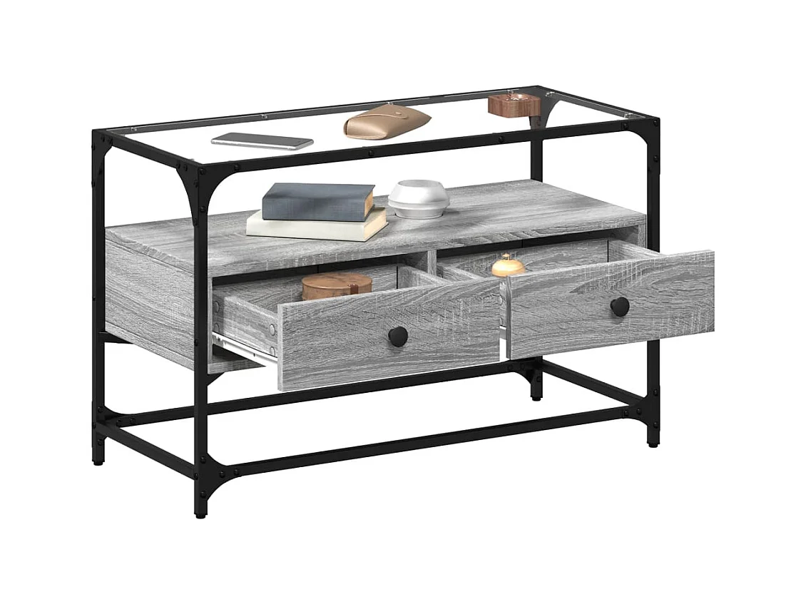 Varel  Tv-meubel met glazen blad 80x35x51 cm bewerkt hout grijs sonoma