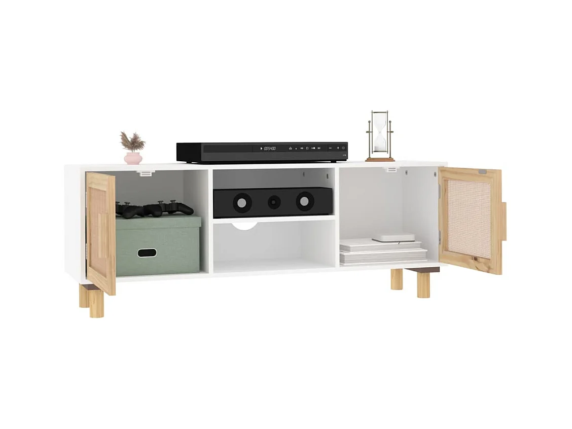 Claudia  Meuble TV Blanc 105x30x40cm Bois de pin massif et rotin l