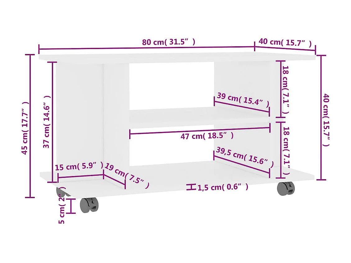 Dahlia  Tv-meubel met wieltjes 80x40x45 cm bewerkt hout wit