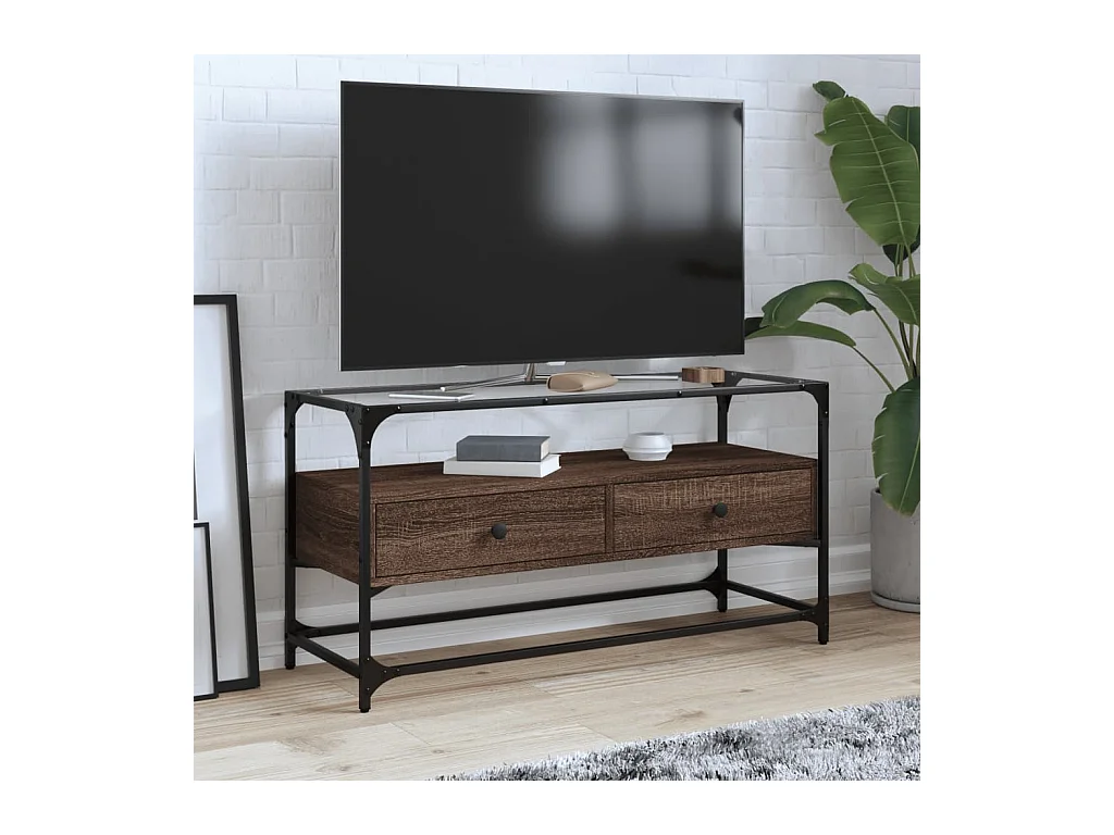 Varel  Mueble TV cristal y madera ingeniería marrón roble 98x35x51 cm