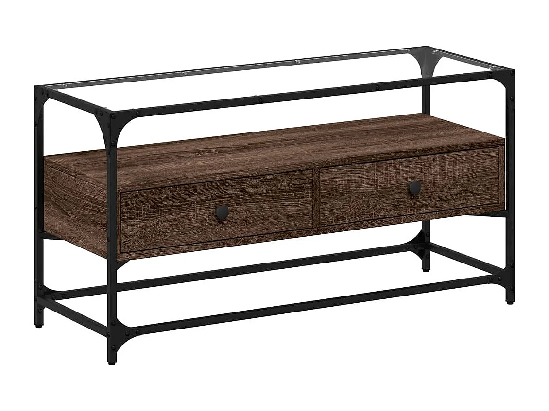 Varel  Meuble TV avec dessus en verre chêne marron bois d'ingénierie