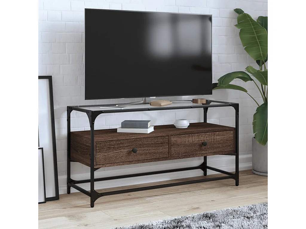 Varel  Meuble TV avec dessus en verre chêne marron bois d'ingénierie