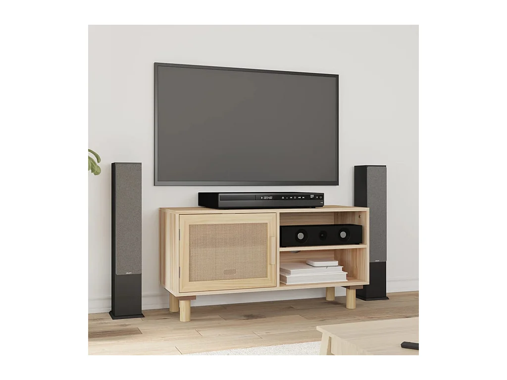 Claire-Adrienne  Meuble TV Marron 80x30x40cm Bois de pin massif et rotin l