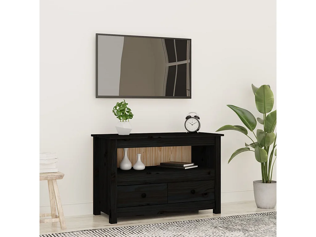 Trace Logan  Mueble de TV de madera maciza de pino negro 79x35x52 cm