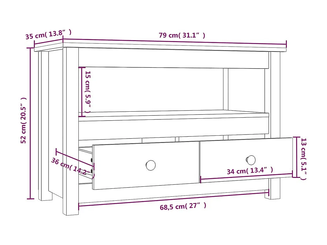 Trace Logan  Mueble de TV de madera maciza de pino negro 79x35x52 cm