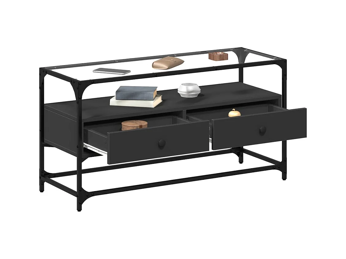 Varel  Meuble TV et dessus en verre noir 80x35x51 cm bois d'ingénierie