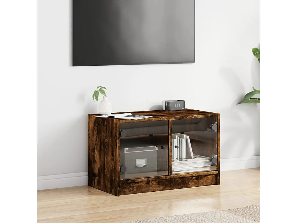 Herpen  Meuble TV avec portes en verre chêne fumé 68x37x42 cm