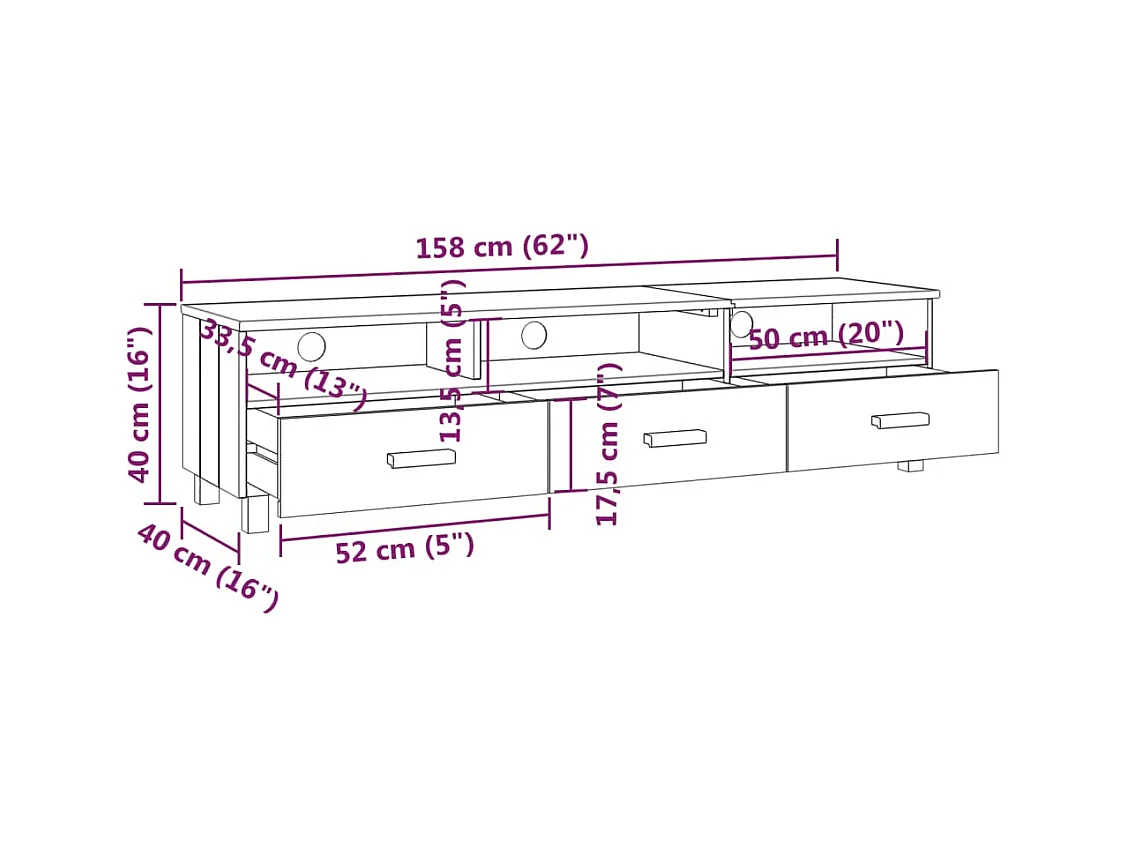 Reha  Mueble de TV HAMAR madera maciza de pino blanco 158x40x40 cm