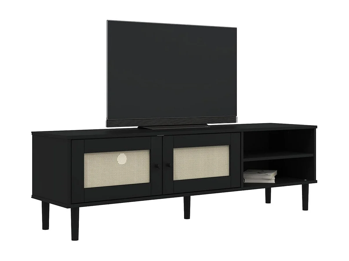 Seldar  Meuble TV SENJA aspect rotin noir 158x40x49cm bois massif pin