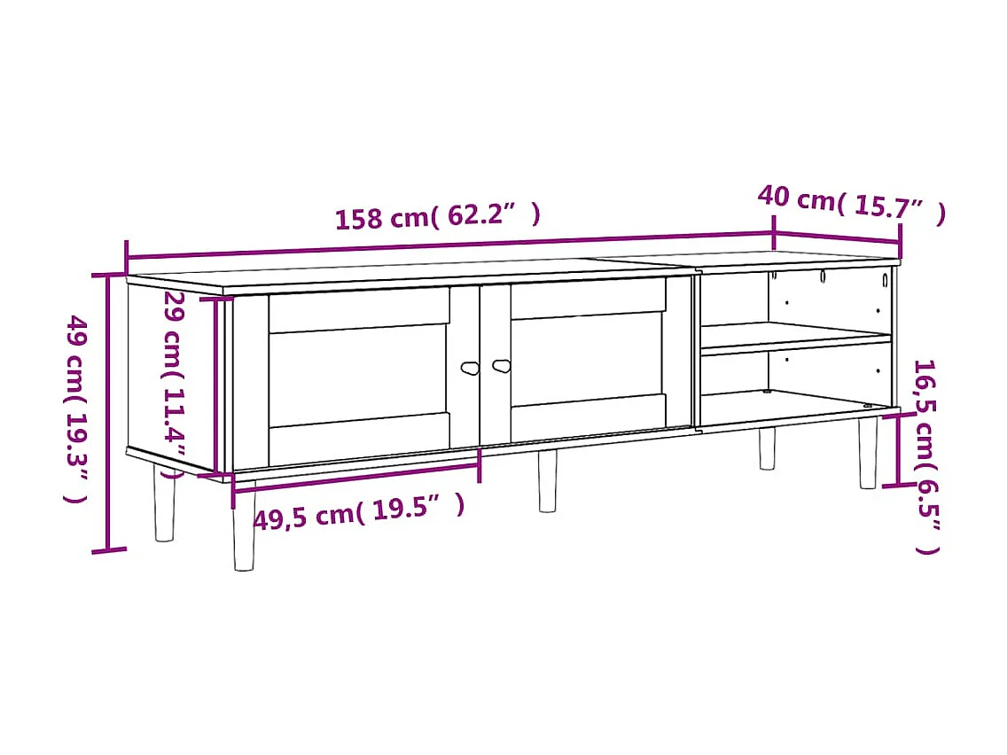 Seldar  Meuble TV SENJA aspect rotin noir 158x40x49cm bois massif pin