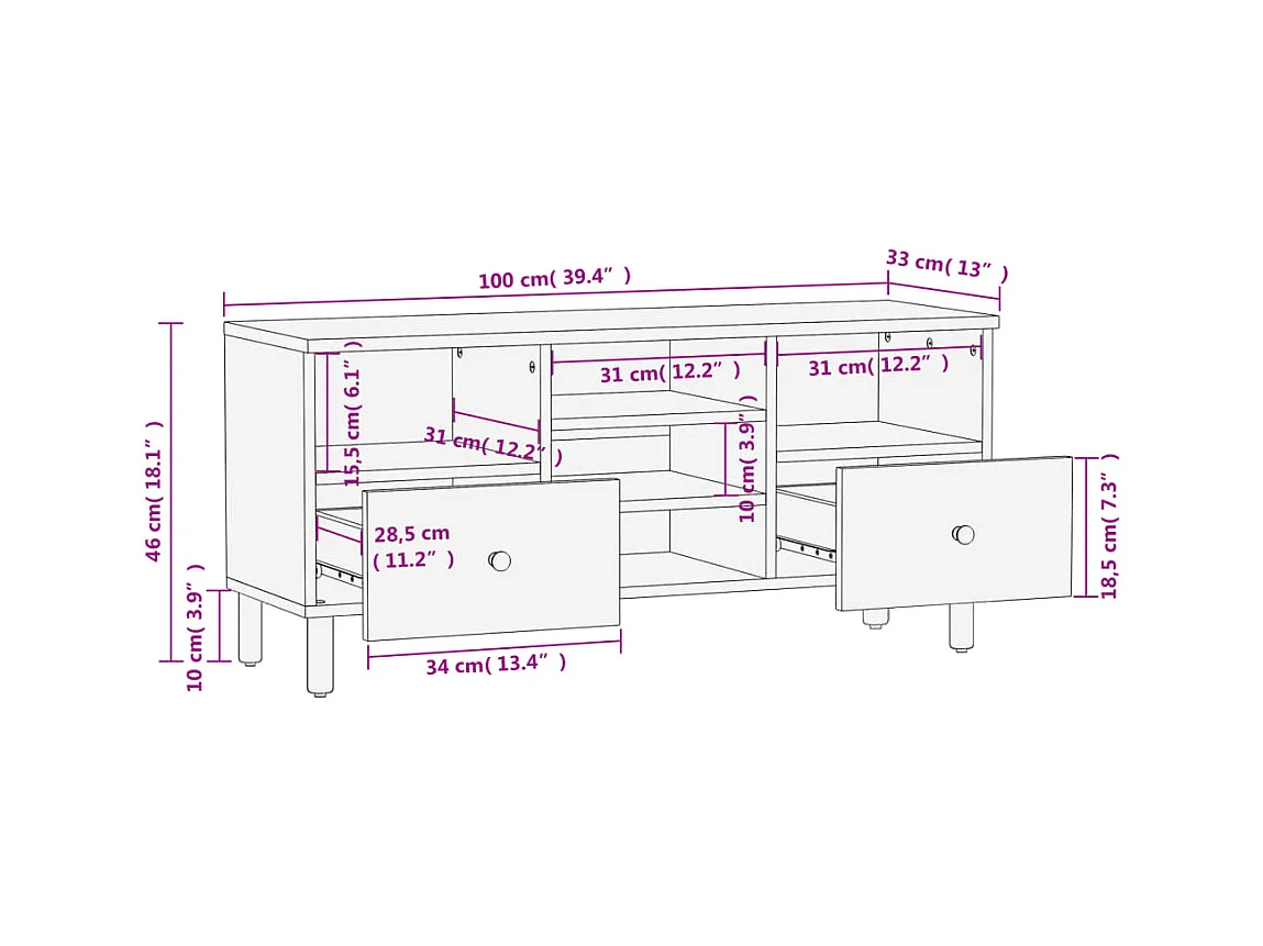 Luc-Élie  Mueble de TV madera maciza de mango negro 100x33x46 cm