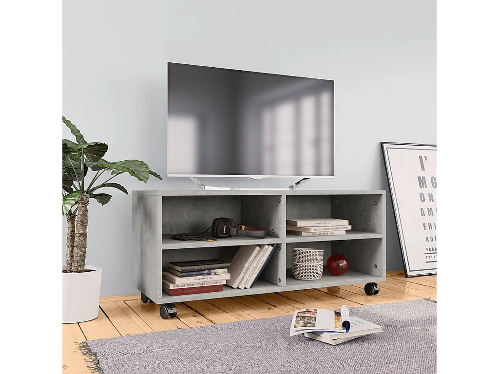 Yron  Meuble TV avec roulettes Gris béton 90x35x35 cm Bois ingénierie