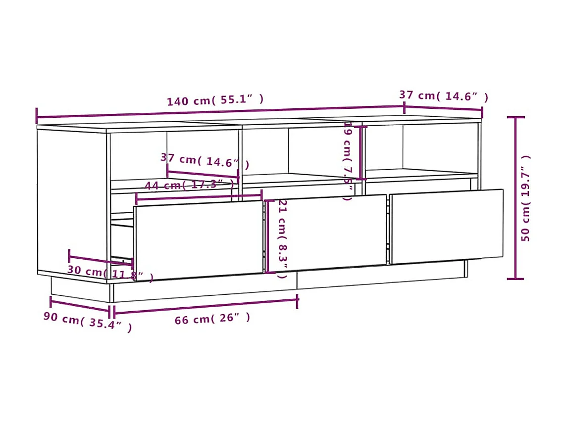 Sybe  Mueble de TV de madera maciza de pino blanco 140x37x50 cm