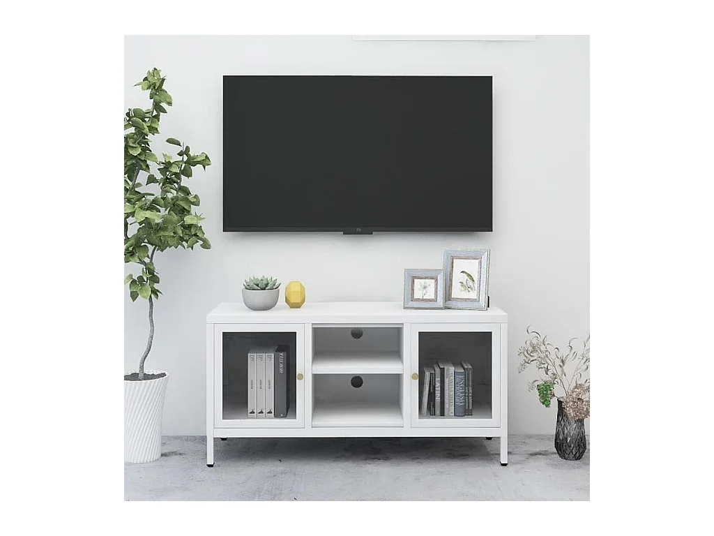 Bylor  Meuble TV Blanc 105x35x52 cm Acier et verre