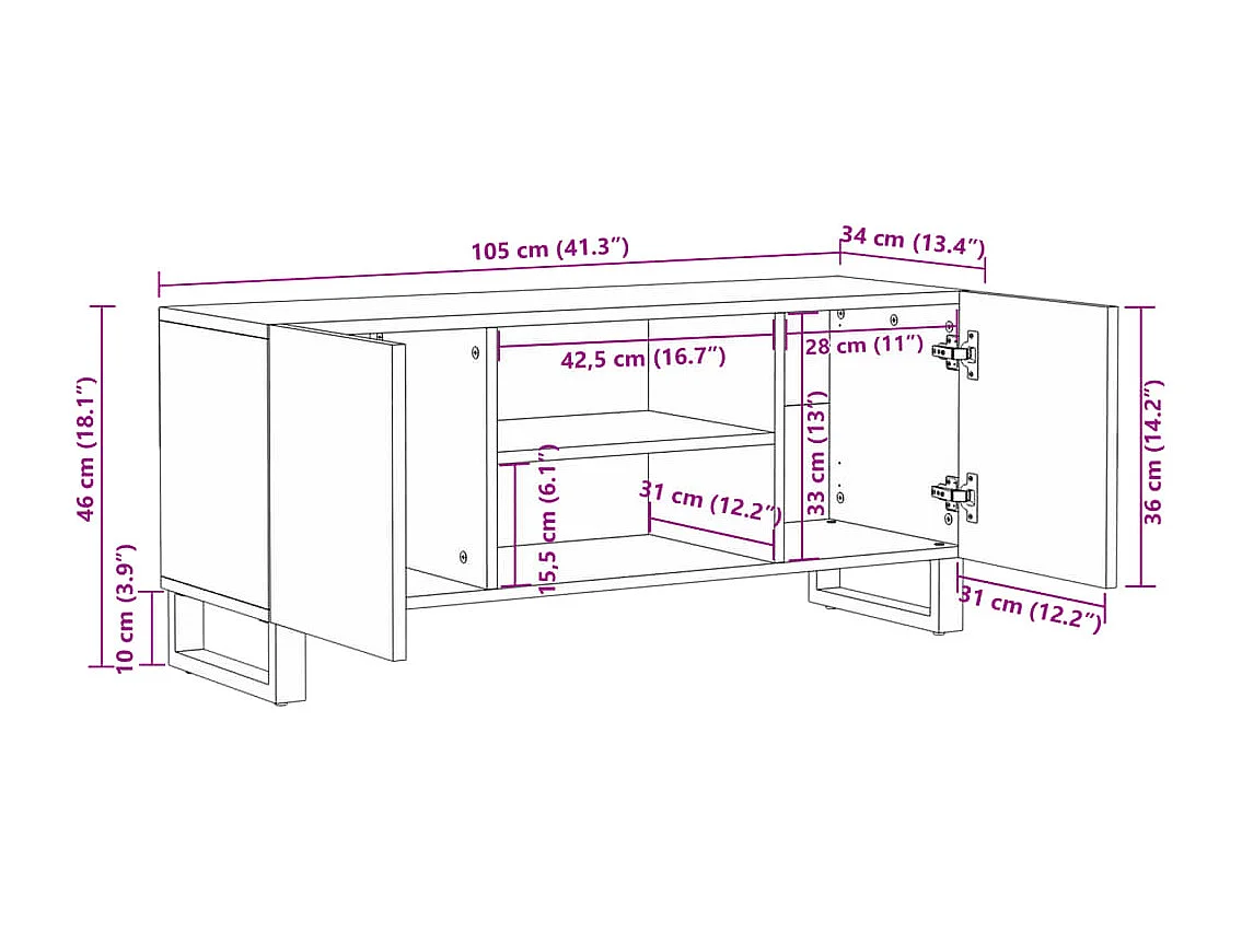 Lyric  Tv-meubel 105x34x46 cm massief mangohout bruin