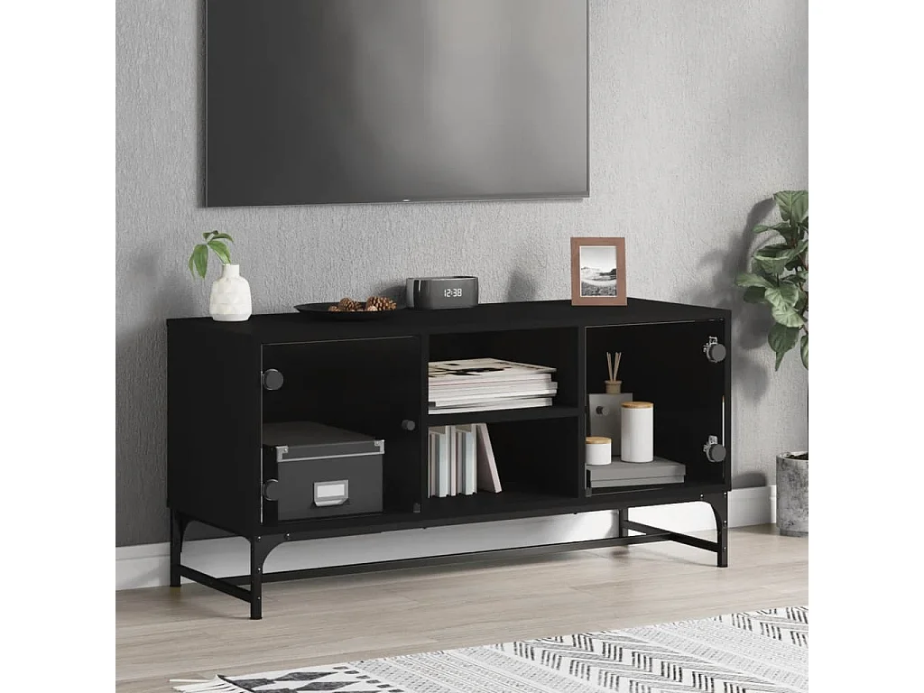 Nurmes  Mueble de TV con puertas de vidrio negro 102x37x50 cm