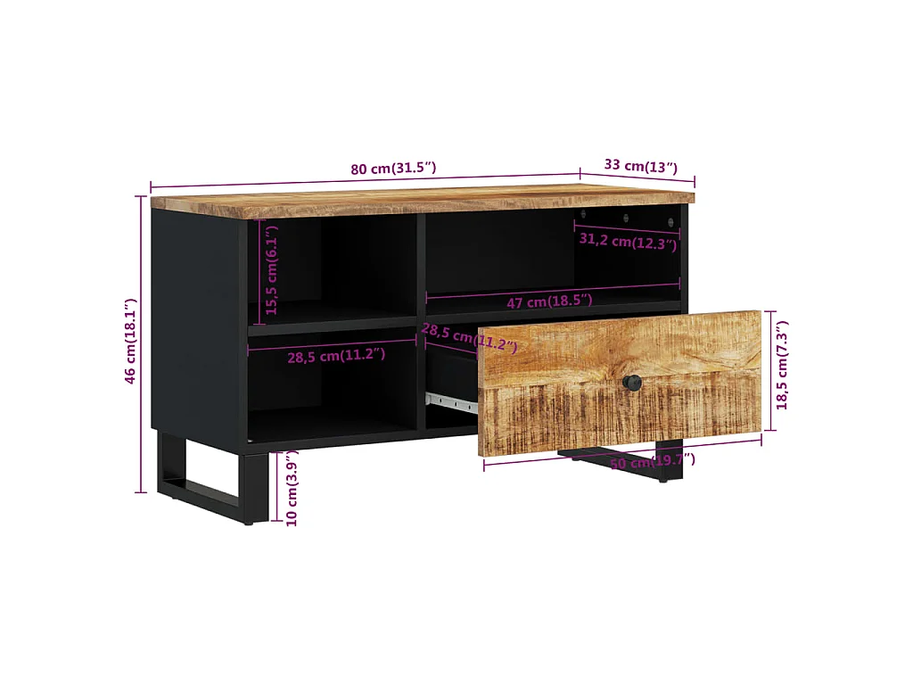 Piper Grace  Tv-meubel 80x33x46 cm massief mangohout en bewerkt hout