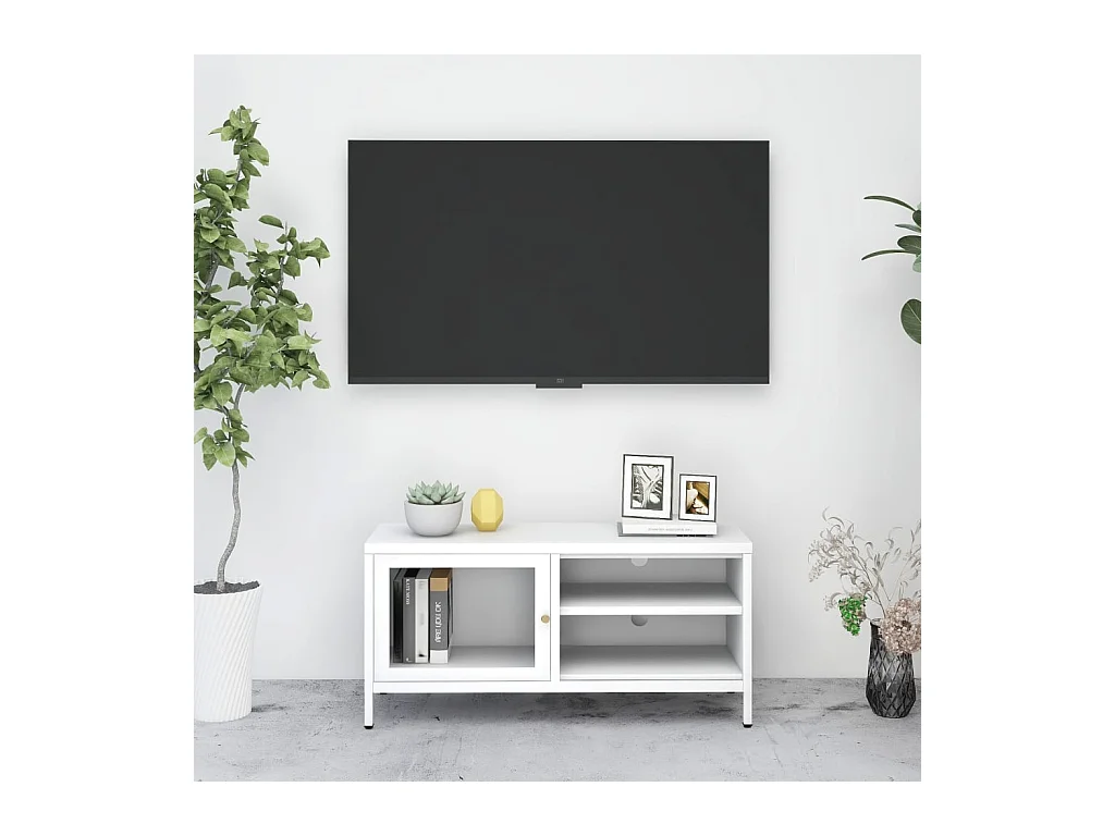 Zaanstad  Meuble TV Blanc 90x30x44 cm Acier et verre