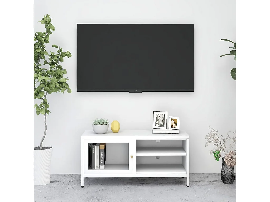 Zaanstad  Meuble TV Blanc 90x30x44 cm Acier et verre