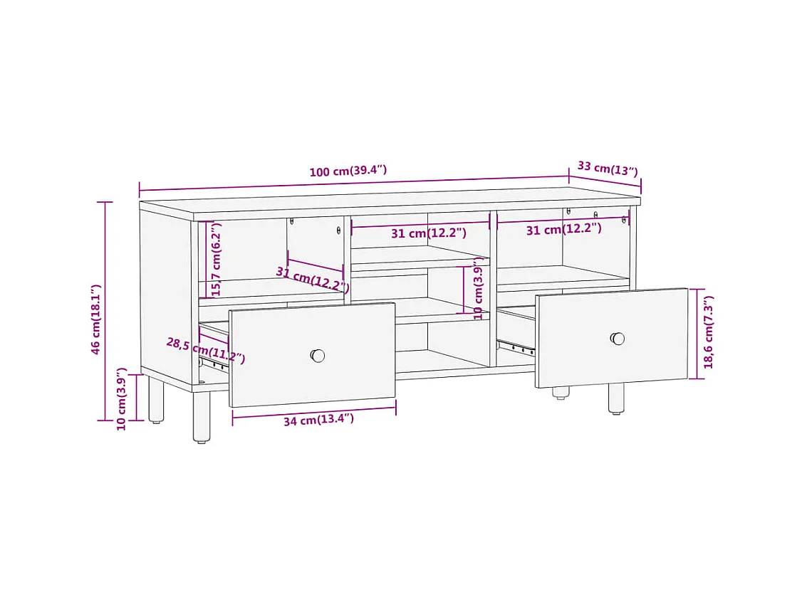 Luc-Élie  Meuble TV 100x33x46 cm bois massif de manguier