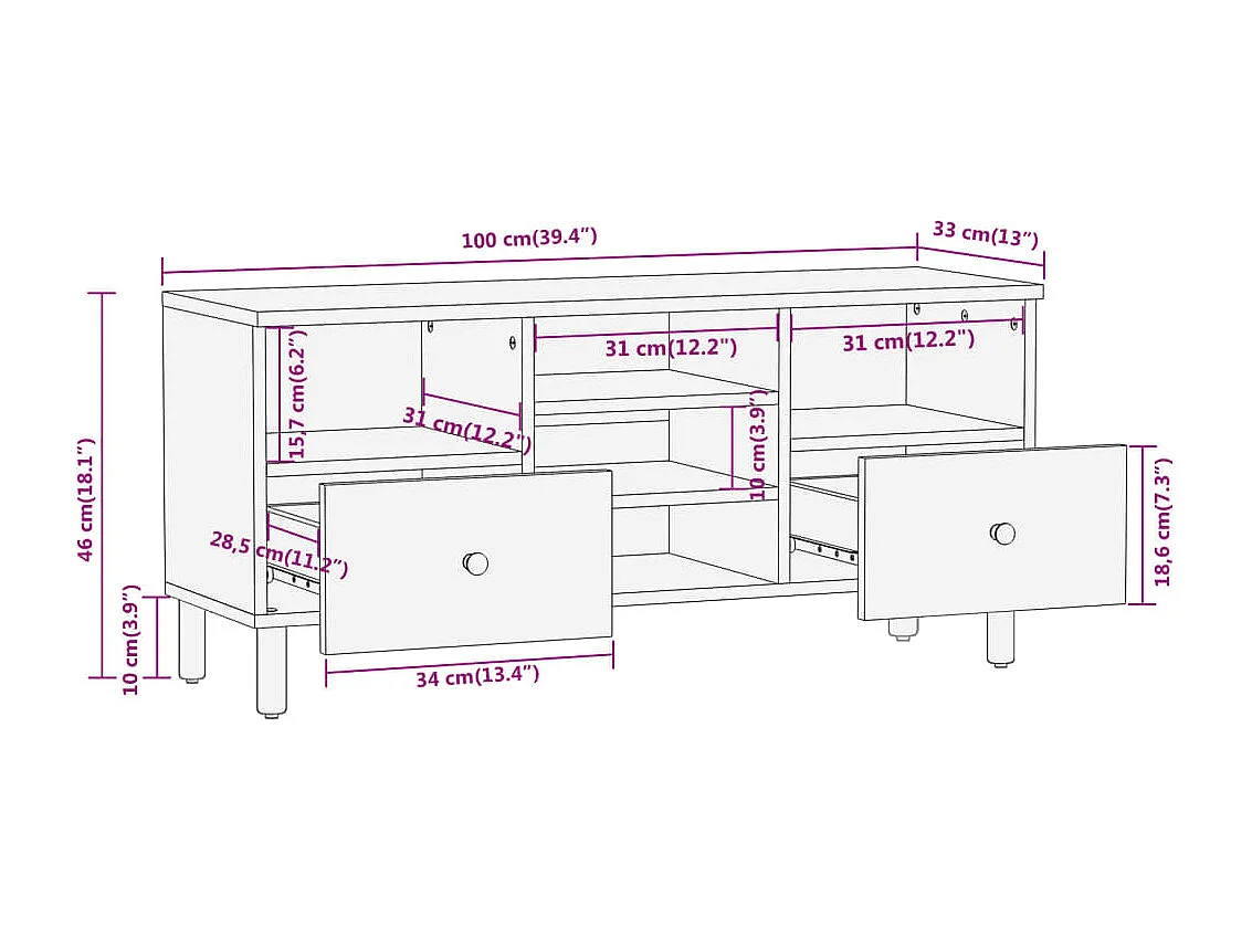 Luc-Élie  Tv-meubel 100x33x46 cm massief mangohout