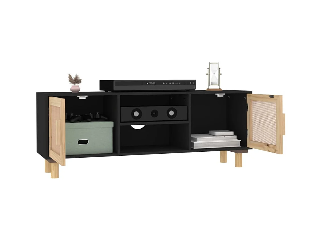 Claudia  Meuble TV Noir 105x30x40cm Bois de pin massif et rotin l