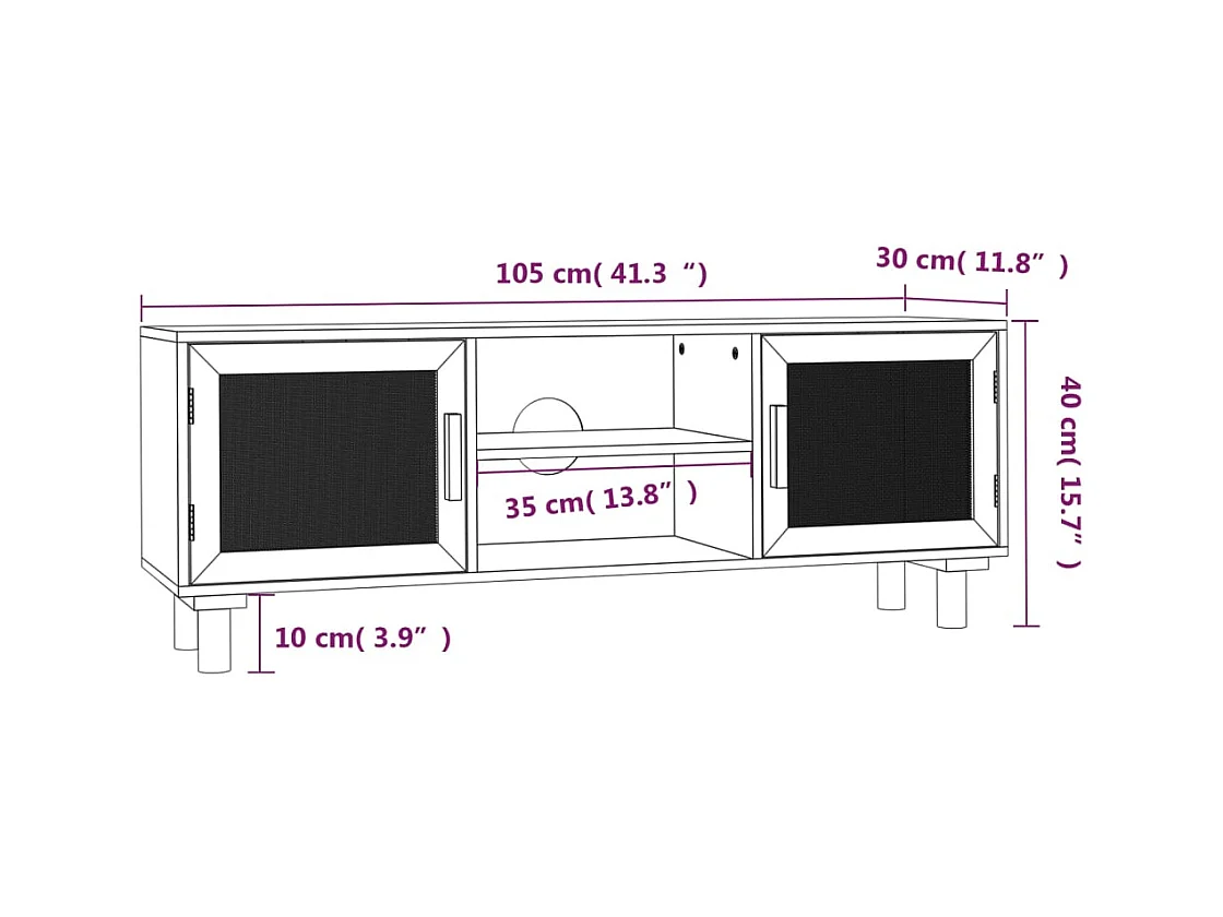 Claudia  Tv-meubel 105x30x40 cm massief grenenhout en rattan zwart