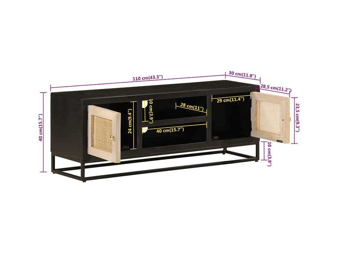 Garden Furniture -  Meuble TV noir 110x30x40 cm bois massif de manguier et fer