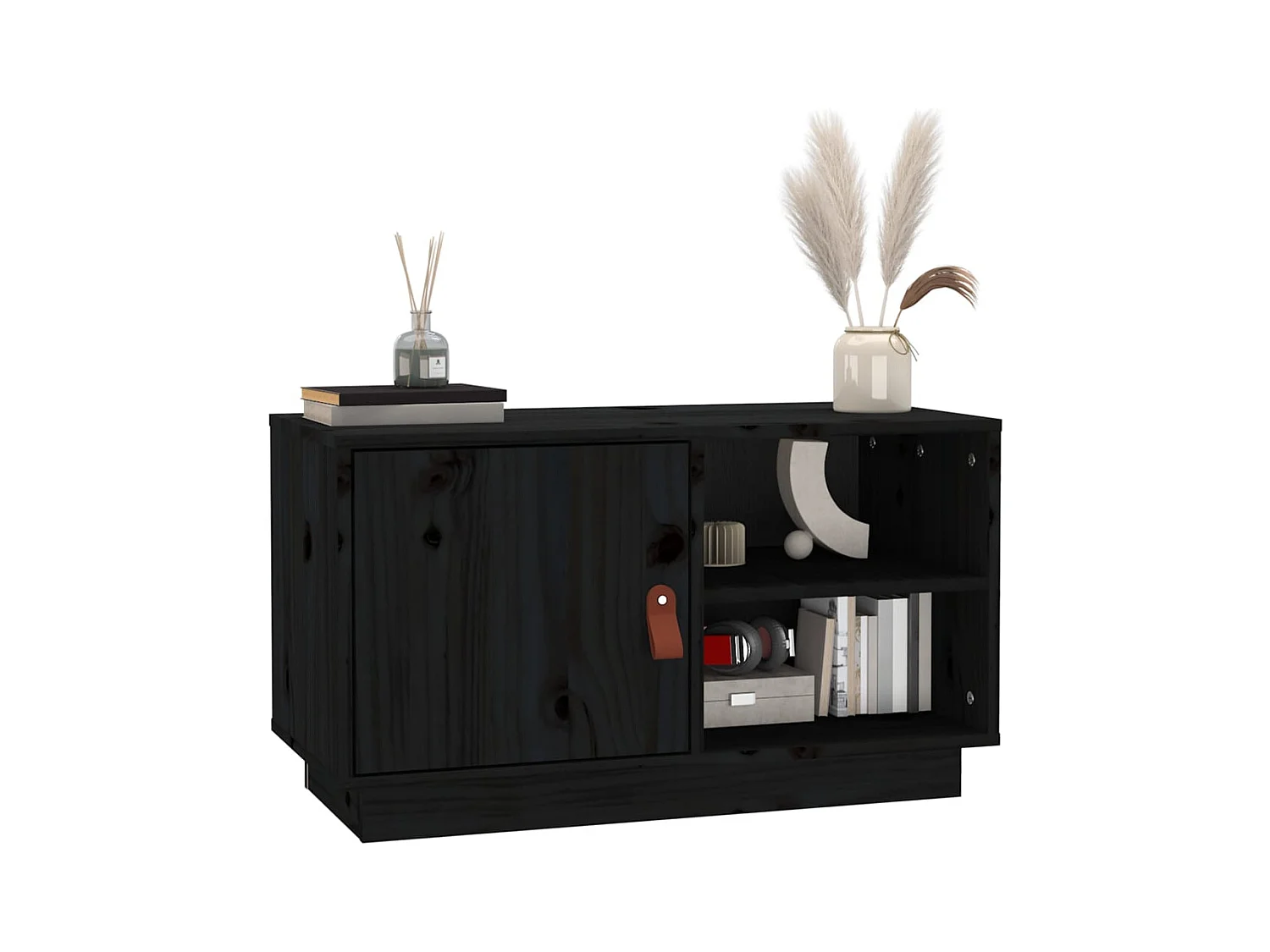 Patricia María  Mueble de TV de madera maciza de pino negro 70x34x40 cm