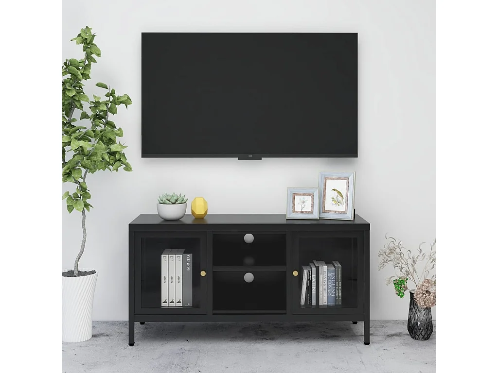 Bylor  Meuble TV Noir 105x35x52 cm Acier et verre