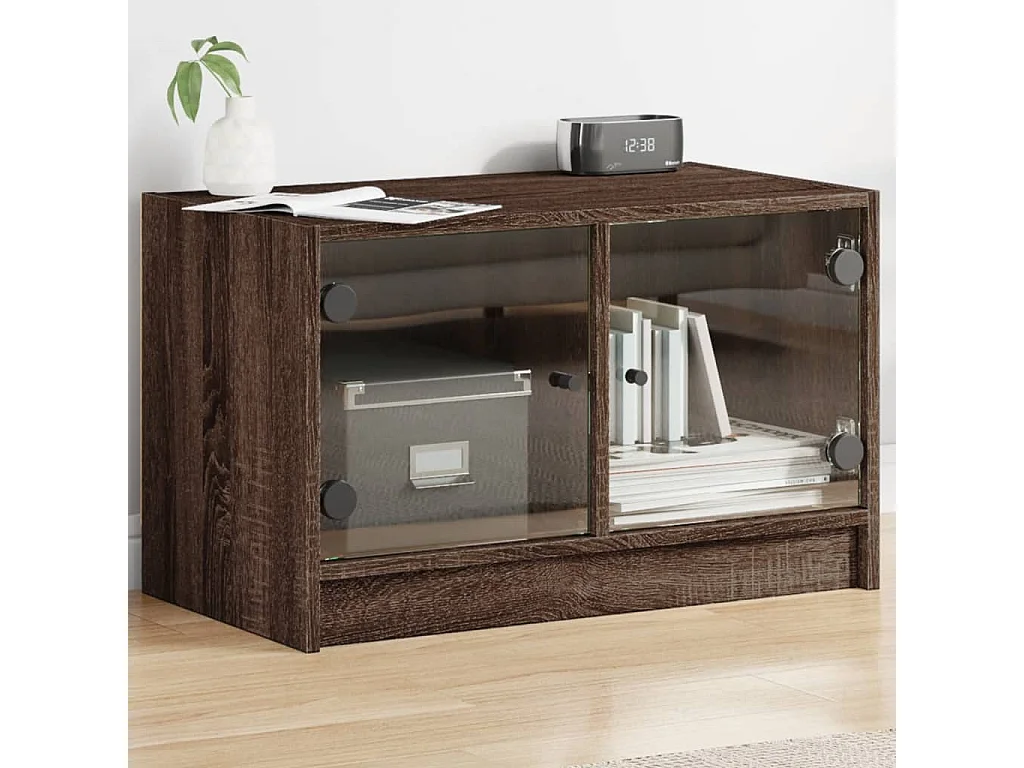Herpen  Mueble de TV con puertas de vidrio marrón roble 68x37x42 cm