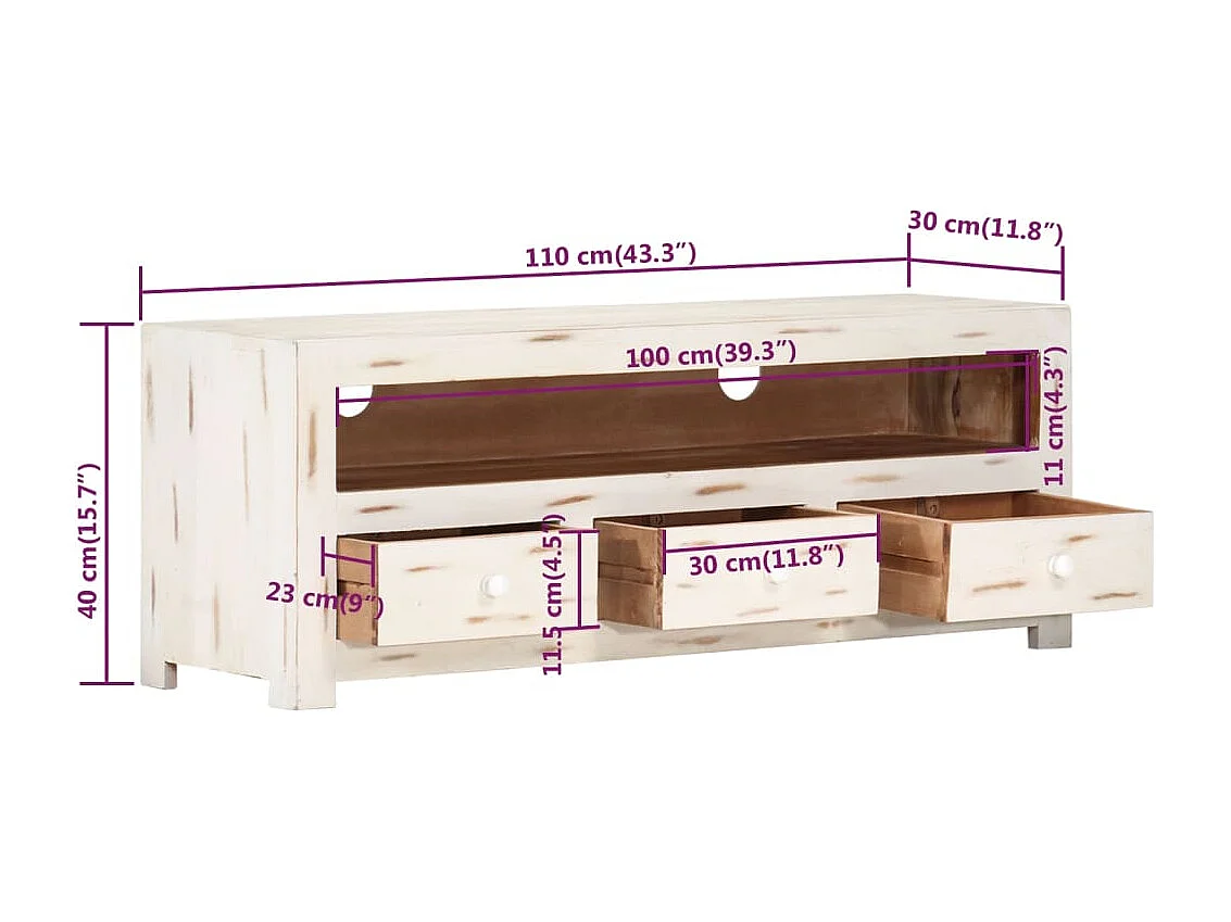 Becky  Mueble de TV madera de acacia maciza blanco 110x30x40 cm