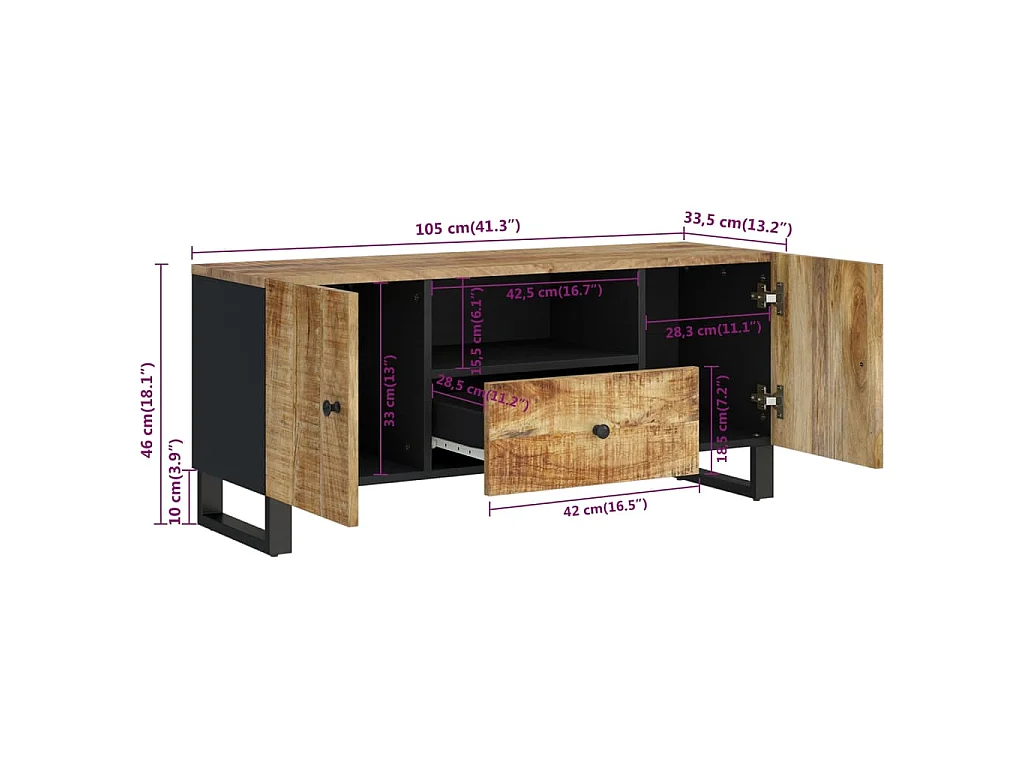 Invar  Mueble de TV madera mango y madera contrachapada 105x33,5x46 cm
