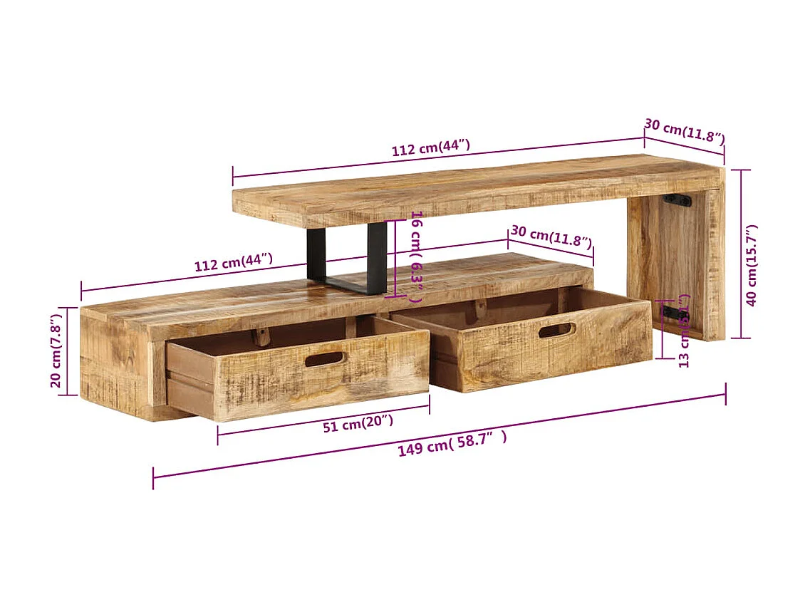 Philippe-René  Meuble TV (118-200) x 30 x 40 cm en bois massif de manguier