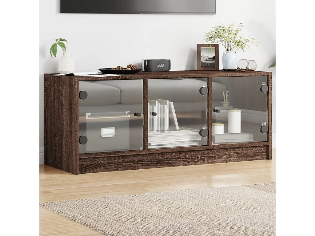 Ilgar  Meuble TV avec portes en verre chêne marron 102x37x42 cm